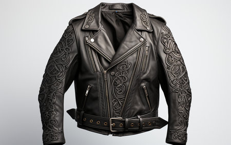 Leather Biker Jacket Resting on a White Backgroundの素材