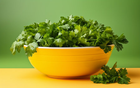 Fresh Parsley Arrangement on Yellow Background in White Bowlの素材
