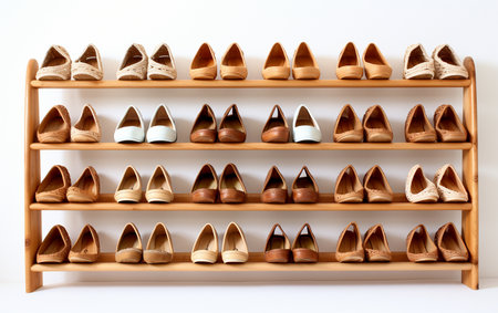 Wooden Shoe Racks Placed on a White Backgroundの素材