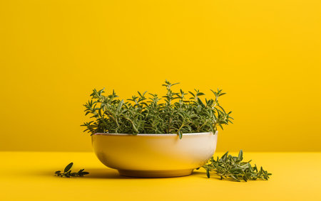 Thyme in White Bowl on Yellow Backgroundの素材