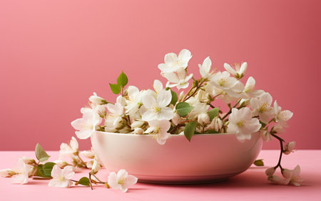 Winter Jasmine White Bowl Pink Backgroundの素材