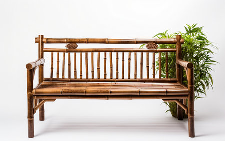 Garden Relaxation: Bamboo Bench on a Clear Backdropの素材