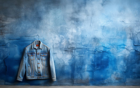 Denim Jacket Displayed Against a White Wallの素材