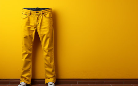 Slim-Fit Jeans Hanging Against a Yellow Wallの素材