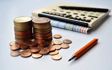 Coin Book, Pencil, and Calculator on a Clear Backgroundの素材