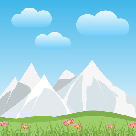 Flat Snowy Mountains with Valley in a Spring Floral Backgroundのイラスト素材