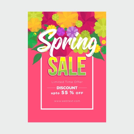 Bright pink spring poster with white frame and floral border on top with stylish white typographyのイラスト素材