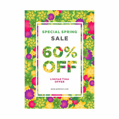 Framed white spring poster with spring flowers in pink, green, and purple flowers in backgroundのイラスト素材