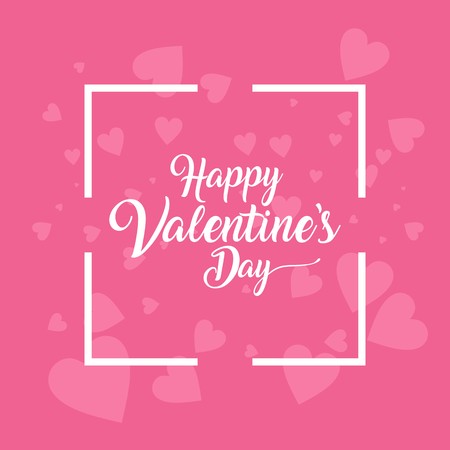 White frame with valentine greeting over floating cute pink hearts on pink backgroundのイラスト素材