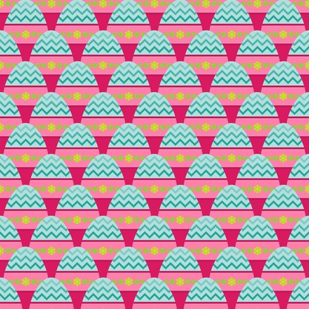 Seamless pattern of pink easter eggs with blue zigzag tips and lime green snowflakesのイラスト素材