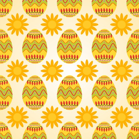 Seamless pattern of sunflower and yellow easter eggs with colorful pattern of waves and lights.のイラスト素材