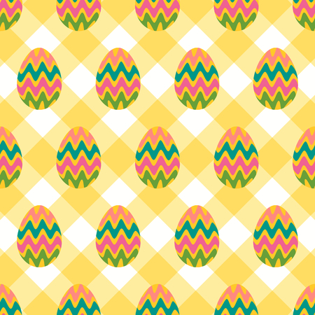 Seamless pattern of colorfull wavy eggs on a tablecloth background with pastel yellow subtle look.のイラスト素材