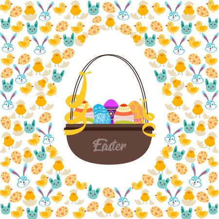 Decorated easter eggs basket with surrounding border of seamless cute bunnies, eggs and yellow chicksのイラスト素材
