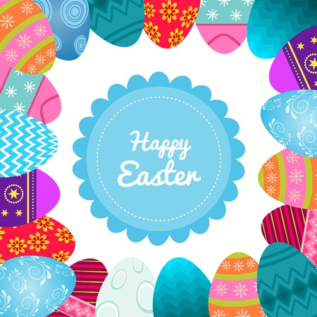 Happy easter message in blue frame with colorful large easter eggs in the bordersのイラスト素材