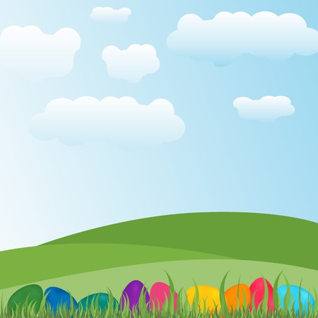 Grassy green plains having colorful easter eggs and grass in bottom having clouds and blue sky in backgroundのイラスト素材