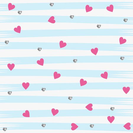 Little Pink and Silver Glitter Hearts on a Aqua Striped Patternのイラスト素材