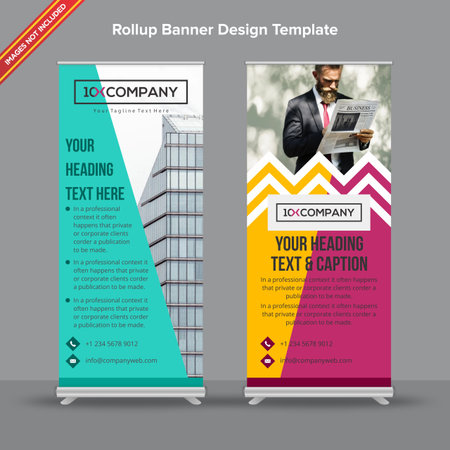 Rollup Banner in multicolored chevron with artistic shapes will take care of all your indoor and outdoor advertising needs or displaying promotional information.のイラスト素材