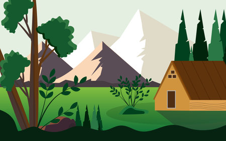 Beautiful mountains and house wild nature landscape illustration background design.のイラスト素材