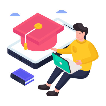 Mortarboard inside smartphone, illustration of learning appのイラスト素材