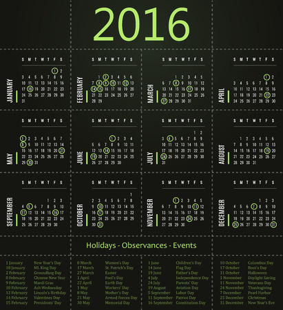 2016 calendar template with holidays, observances and events - green editionのイラスト素材