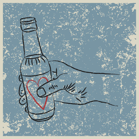 Hand drawn hand holding a lovely bottle on grunge backgroundのイラスト素材