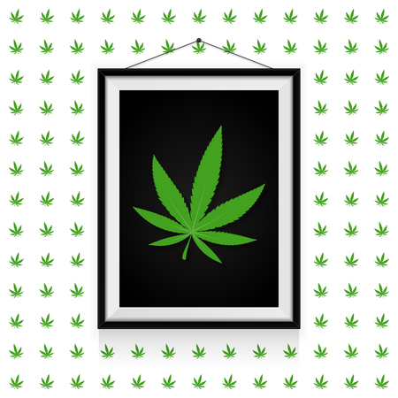 Cannabis leaf in a photo frame hangs on the cannabis leaves wallのイラスト素材