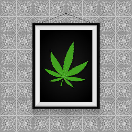 Cannabis leaf in a photo frame hanged on the ornamental wallのイラスト素材