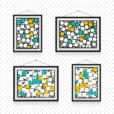 Different types of photo frames with circles and squares on the wall - background templateのイラスト素材