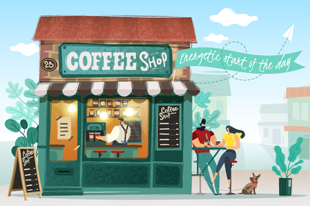 Horizontal vector illustration on the coffee shop with a Barista at work, visitors - man and woman with dog. Detailed poster with slogan inscription and the environment. Items are conveniently grouped and are easily moved.のイラスト素材