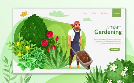 Gardening cartoon landing page.A man with a garden wheelbarrow caring for the garden landing pageのイラスト素材