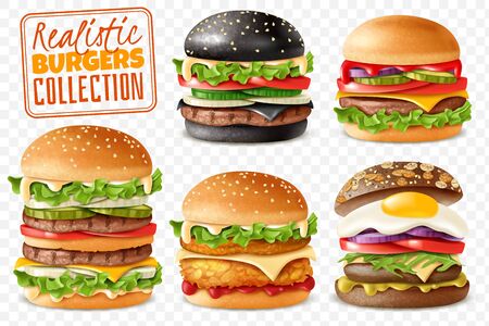 Realistic burgers collection transparent background set. Realistic ready Burgers set with isolated elements which are easy to change and move on transparent background with separate isolated itemsのイラスト素材