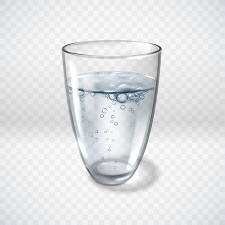 A glass of clean aerated water on a transparent background. Simple vector illustration. Realistic style. Bubbles, mineral water illustrationのイラスト素材
