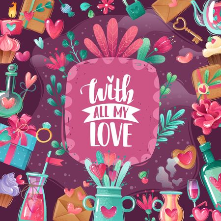 Valentine's day greeting card in shabby chic textured cartoon style. Purple-pink gamma. Bright colors and shades. Collection of items on a romantic love theme. Frame square vector illustrationのイラスト素材