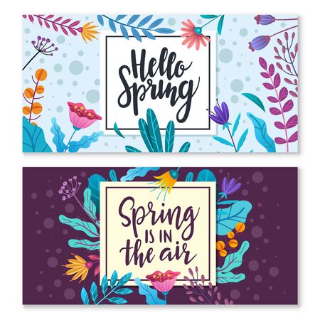 Floral spring quote horizontal banners. Two wide horizontal banners with lettering on the theme of spring framed with decorative flowers and leaves. abundance of details, bright colors, floral motifs. Hand drawn vector illustrationのイラスト素材