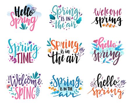Floral spring quote emblems. A set of nine hand drawn emblems on the theme of spring. Lettering and flowers on a white background. Vector illustrationのイラスト素材