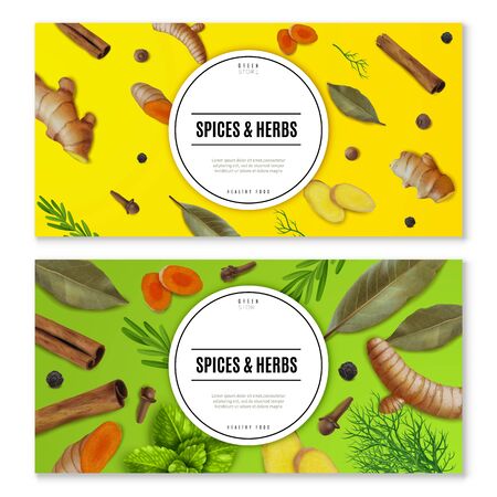 Realistic herbs dry spices roots set horizontal bannersのイラスト素材