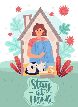 Quarantine virus cartoon people poster. Stay at home vertical cartoon poster on the topic of pandemics and quarantines. A girl at home with a cat. Covid-19 bacteria fly around the house. Vector illustrationのイラスト素材