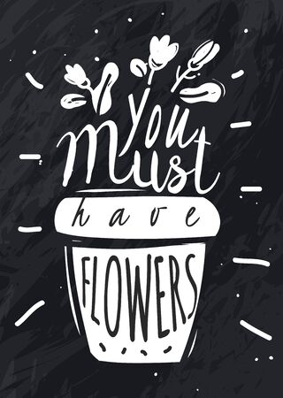 Flower pot vertical poster garden slogans with chalk on a slate silhouettes of garden objects with words black and white hipster style. Vector illustrationのイラスト素材