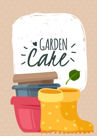 Vertical poster on the garden theme cartoon style with the tools and inventory, flower pots, leaf, rubber boots. Vector illustrationのイラスト素材