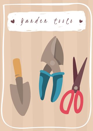 Vertical poster on the garden theme cartoon style with the tools and inventory, spatula, scissors, pruner. Vector illustrationのイラスト素材
