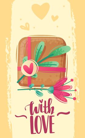 Valentine's day greeting card in shabby chic textured cartoon style. Delicate pastel colors. Bright colors and shades. Collection of items on a romantic love theme. Gift vector posterのイラスト素材