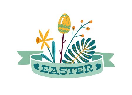 Easter holiday emblem in cartoon style. Ribbon with an inscription. Plant elements, sprigs, flowers, eggs. Vector illustrationのイラスト素材