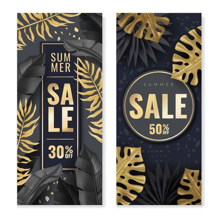 Tropical leaves vertical banners. Two vertical banners with tropical leaves in gold and dark colors. Frame cards. The intertwining golden leaves. Vector illustrationのイラスト素材