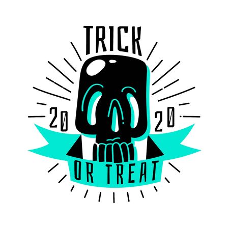 Cartoon silhouette skull emblem for a halloween 2020. Two-color stamp. Skeleton logo. Vector illustrationのイラスト素材
