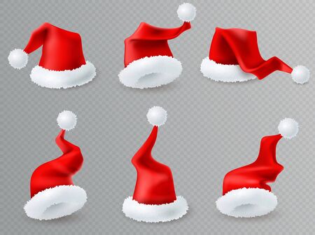 Christmas Santa hats transparent set. Christmas Santa red hats collection. Realistic style isolated items on a wtransparent background. Holiday traditional symbol. New year head gears set. Vector illustrationのイラスト素材