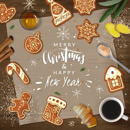 Christmas gingerbread cooking frame illustration. Christmas ginger cookies. Vector Illustration frame realistic cartoon style. Baking holiday gingerbread. Kitchen utensils and ingredients. Wooden background. Greeting letteringのイラスト素材