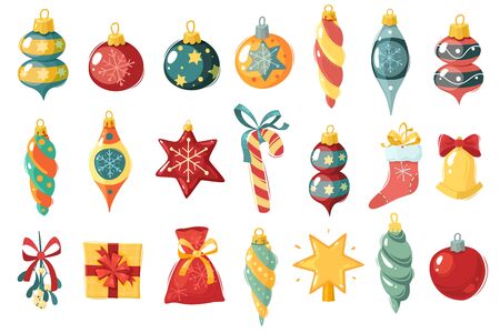 Christmas toys set. Christmas toys and balls. Different shapes new year decorations. Cartoon style icons set. Vector illustrationのイラスト素材