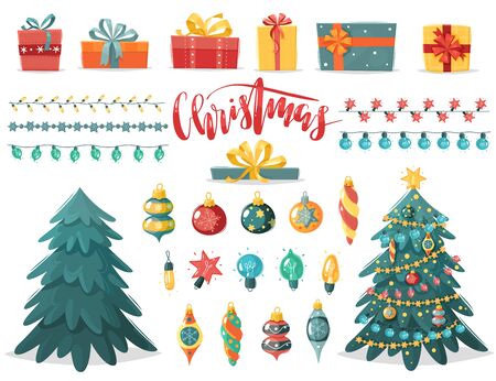 Christmas cartoon set. Christmas icons set. Cartoon flat style new years constructor. Holiday decorations vector illustrationのイラスト素材