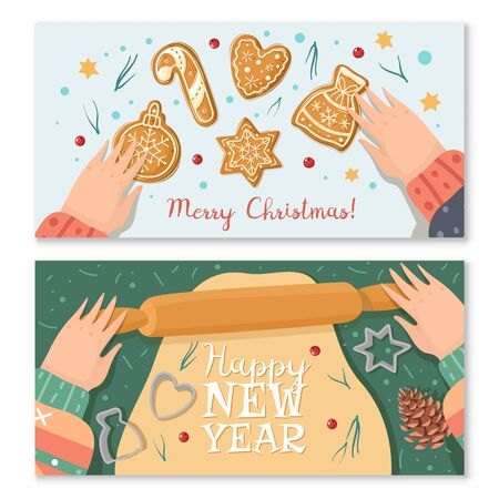 Christmas gingerbread cooking horizontal banners. Christmas ginger cookies. Vector horizontal banners cartoon style. Baking holiday gingerbread. Hands roll out the dough. Greeting textのイラスト素材