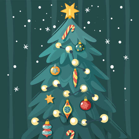 New Year's Poster. Vector illustration. Decorated Christmas tree on a dark backgroundのイラスト素材
